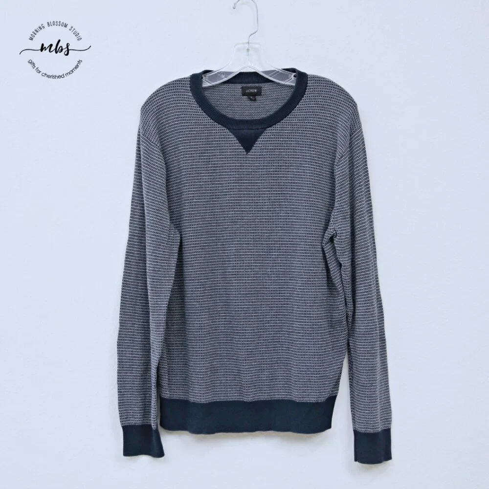 J. Crew Cotton Striped Bird's Eye Stitch Sweater Navy White‎ L